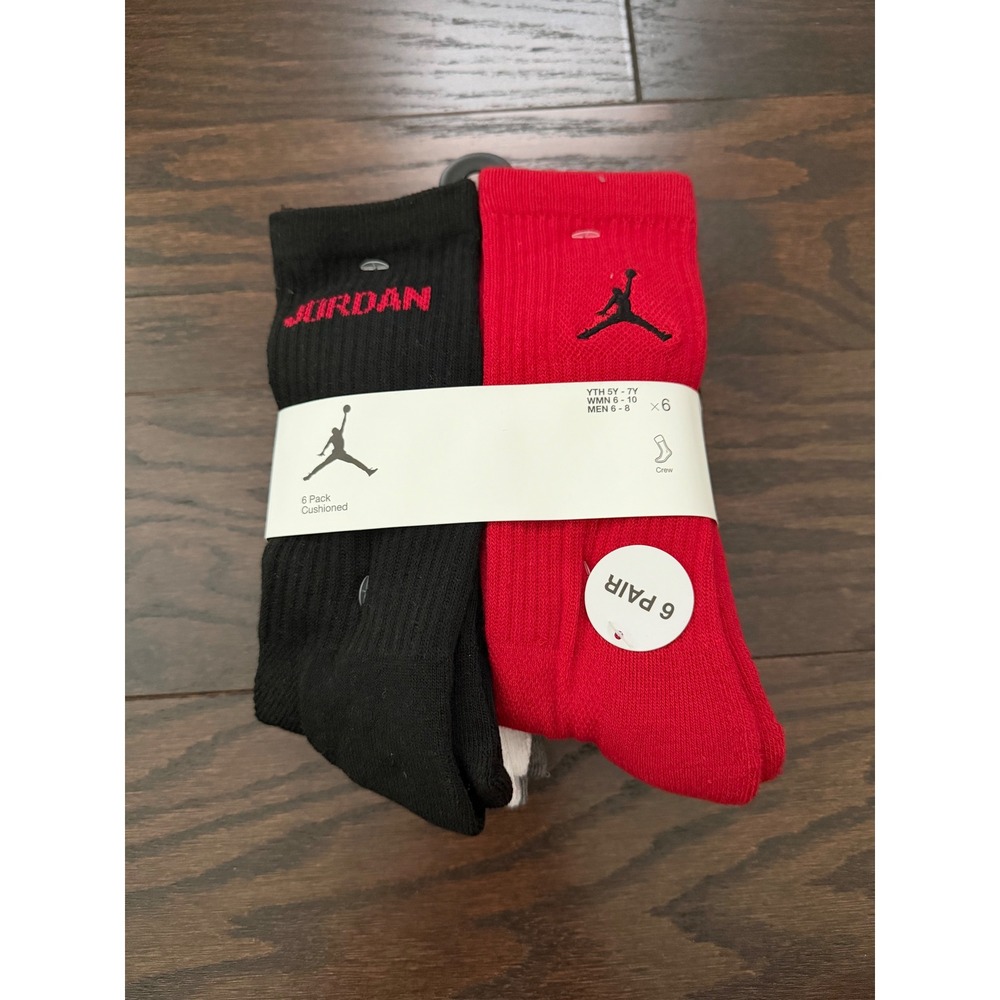 Jordan Jumpman Crew Socks 6 Pack Cushioned Black Red White Grey BJ0343-RK2 SizeM